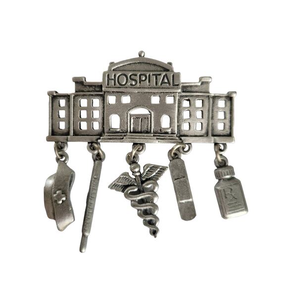 Vintage 80s Jonette Jewelry Hospital Nurse Brooch Lapel Pin Pewter Silver Charms - Picture 1 of 7